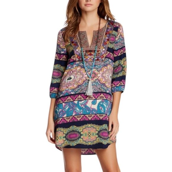 NWT Boho Printed Mini Dress Sz.L Shift Multi Embroidered 70s  Festival - Picture 1 of 11